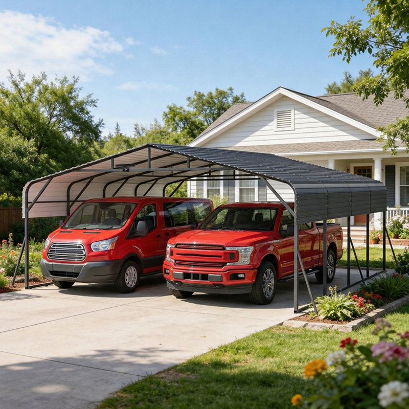 Heavy Duty All-Weather Metal Carport - 20x20 FT with Galvanized Steel Roof, Reinforced Base & LED Solar Lamp, Shelter for 2 Cars, Boats, Trucks, Backyard Garage (Dark Gray Top with Solar Lamp)