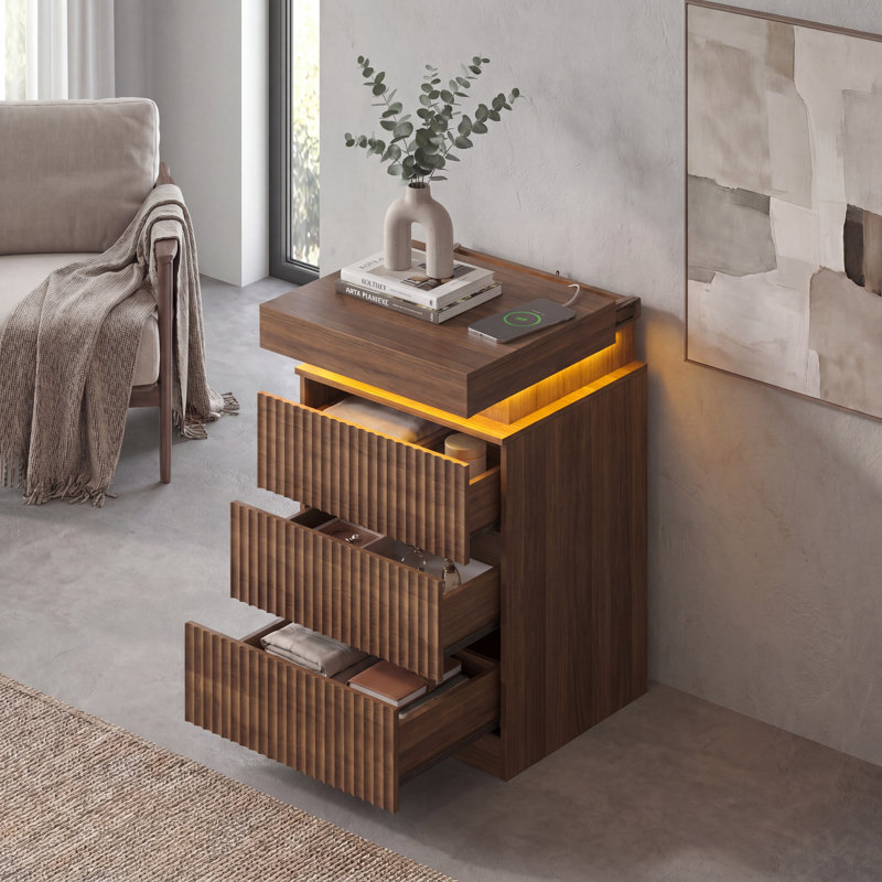Modern 3-Drawer Nightstand with LED Light and Charging Station, 26.9" Tall Bedside Table with USB Ports & Outlets for Bedroom, Apartment, Dorm Room