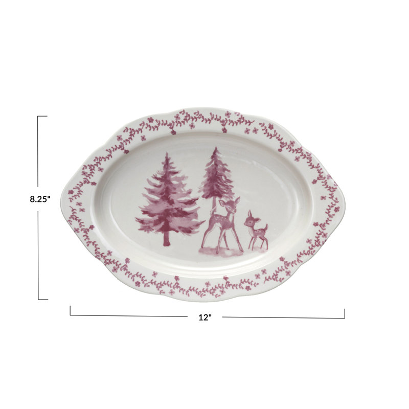 Stoneware Platter With Deer And Trees