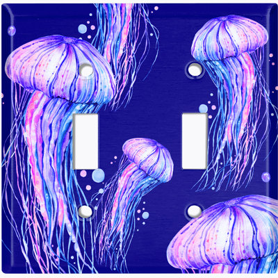Jelly Fish Pink Party Dark Blue Nautical & Beach Themed 2 - Gang Toggle Light Switch Standard Wall Plate