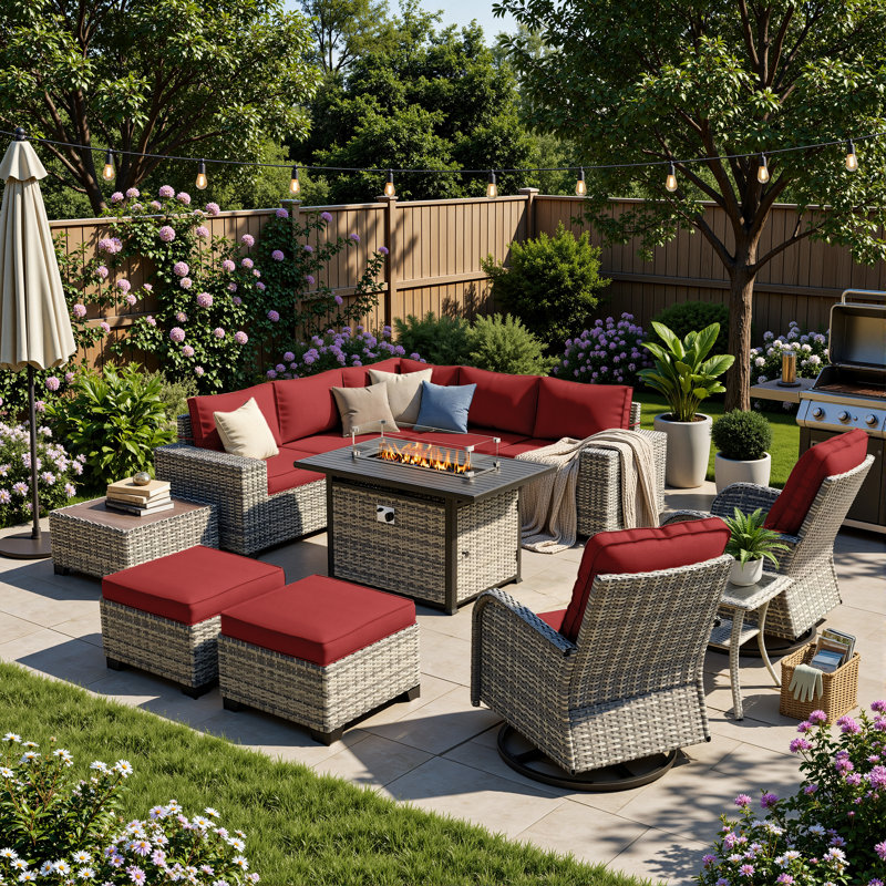 12-Piece Outdoor Modular Sectional Patio Conversation Set With Fire Pit Table, Swivel Rocker Chairs & Ottomans, Red