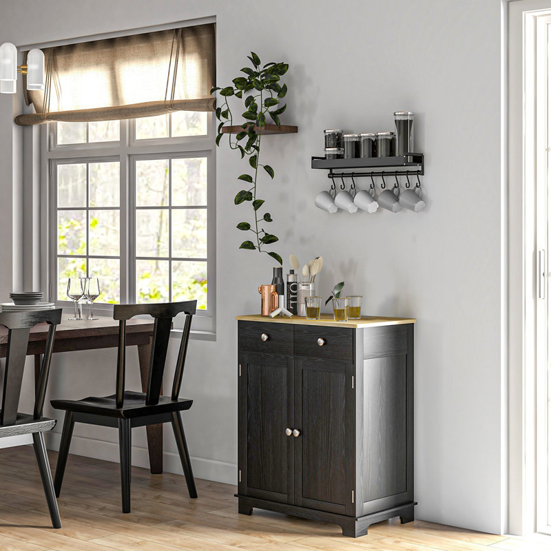 Buffet noir patiné pour le sous-sol - comptoir en bois massif, 2 tiroirs, portes, armoire de rangement à tablette réglable