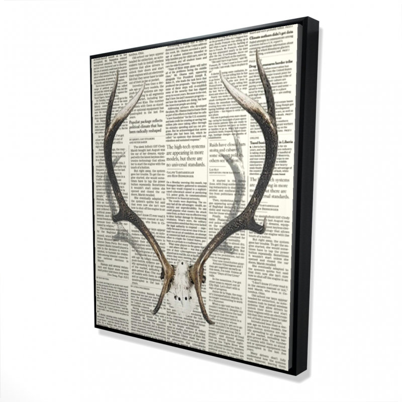Deer Horns with Newspaper | Gray Framed Canvas Decor