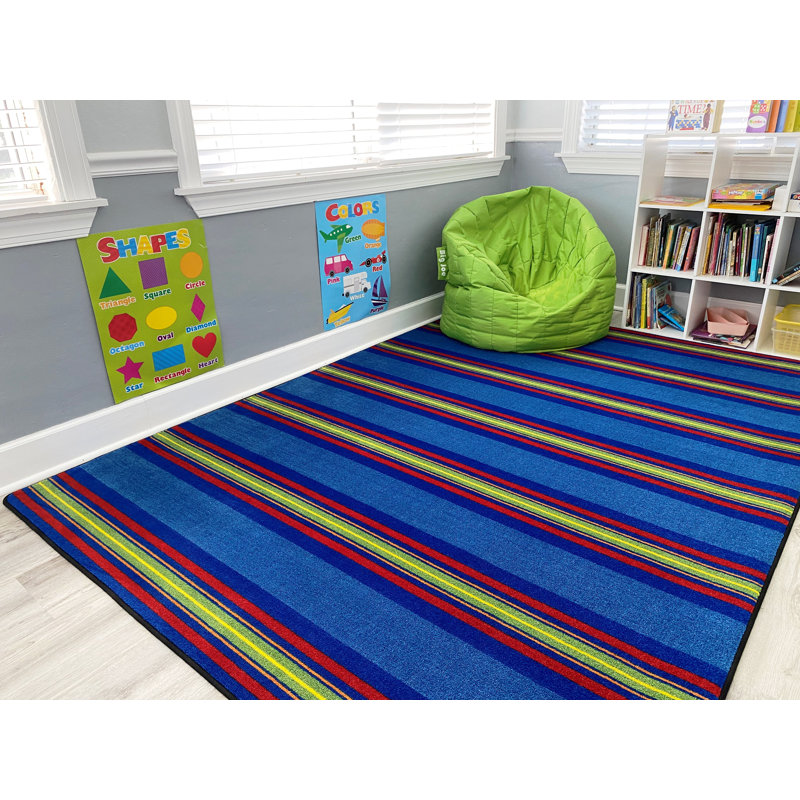 KidCarpet Classic Stripes Rug, Blue Classroom Carpet for Kids' Room or Preschool Area, Rectangle 7'6" x 12'