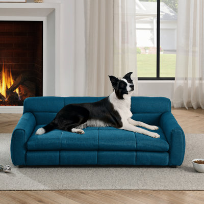 Comfortable Dog In Dark Blue - Made Of Linen Fabric, For Big And Oversized Dogs, Backrests, Short Leg Design Stability Soft Pet Bed Elevated With Fabric