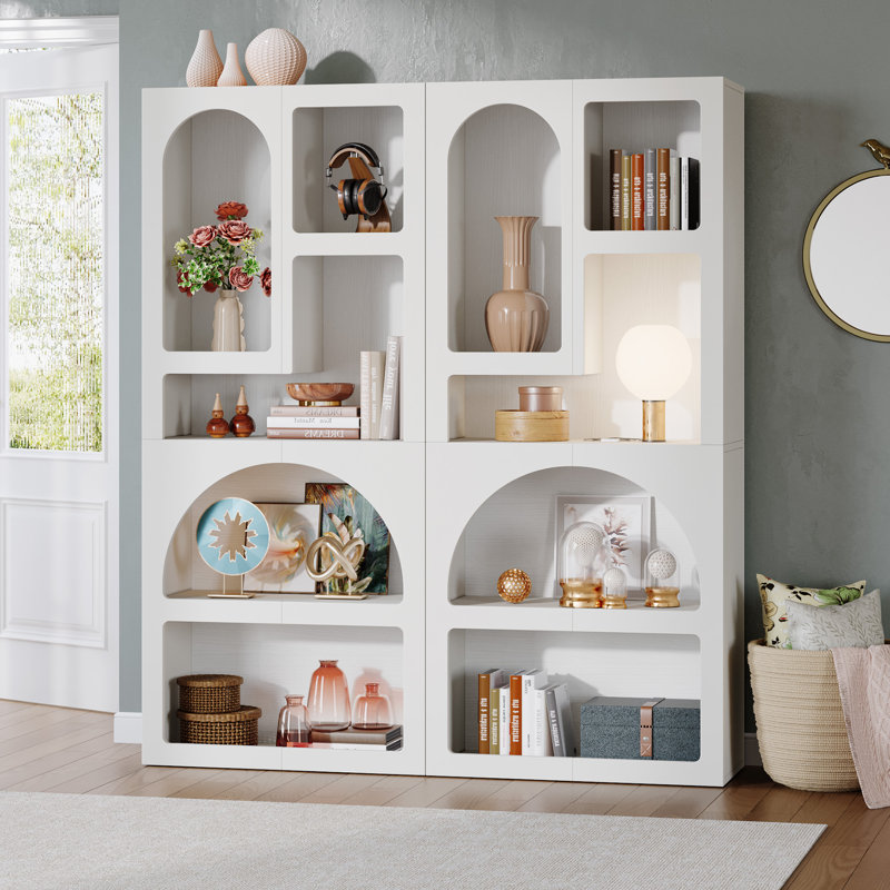 71" H X 31.49" W  Bookshelf, 5 Tier Geometric Bookcase, Modern Freestanding Display Shelf for Living Room, Bedroom, White