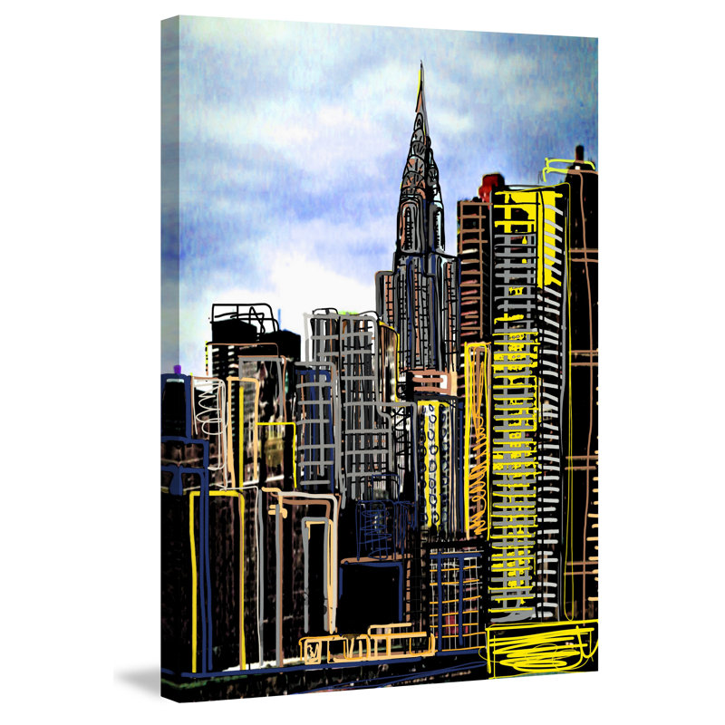 Urban Skyline Nightscape Canvas Print in Blue and Yellow