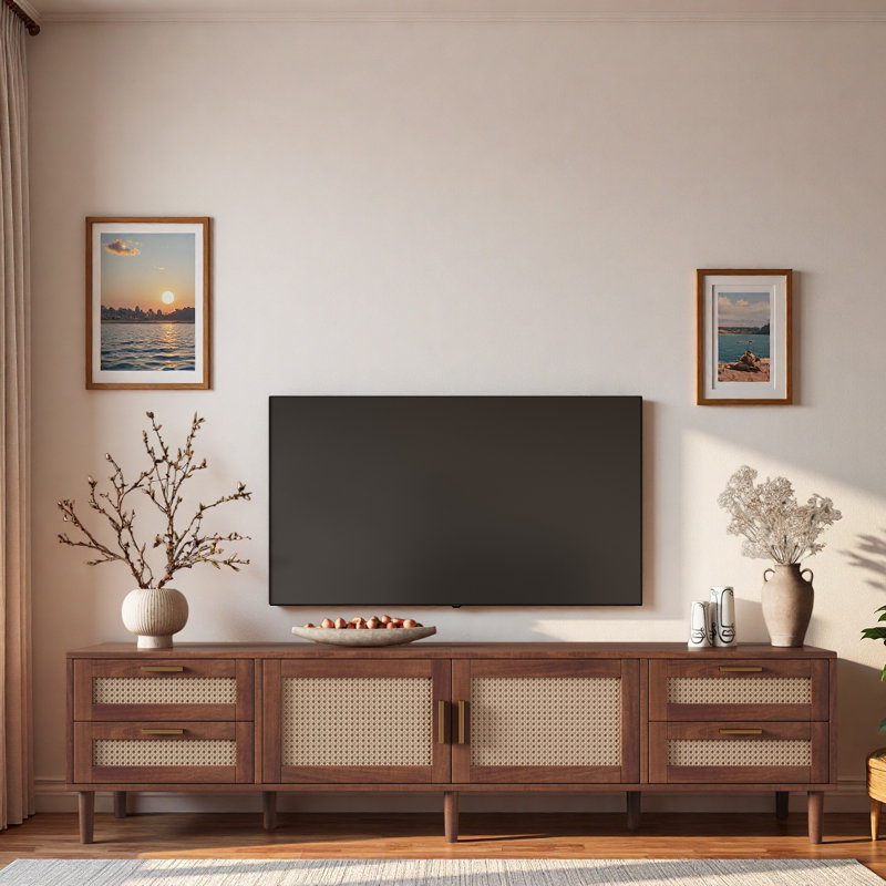 Meuble télé moderne avec 4 tiroirs, 2 rangements fermés et portes en rotin