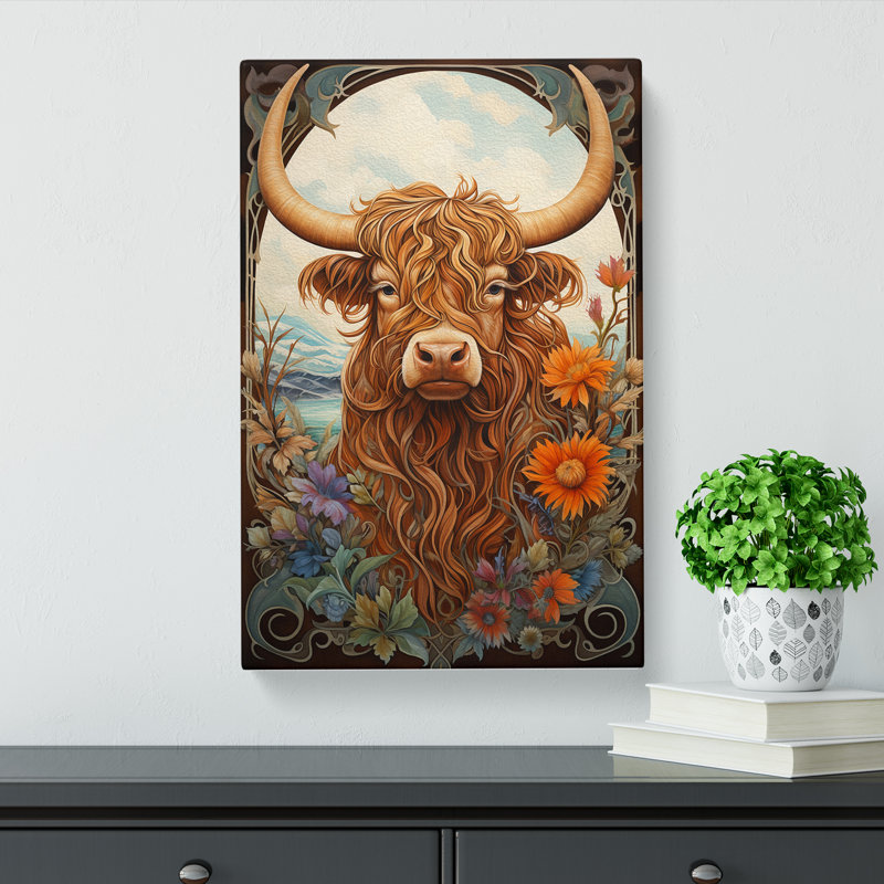 Highland Cow Art Deco Art - Wrapped Canvas, 50cm H x 35cm W x 3cm D