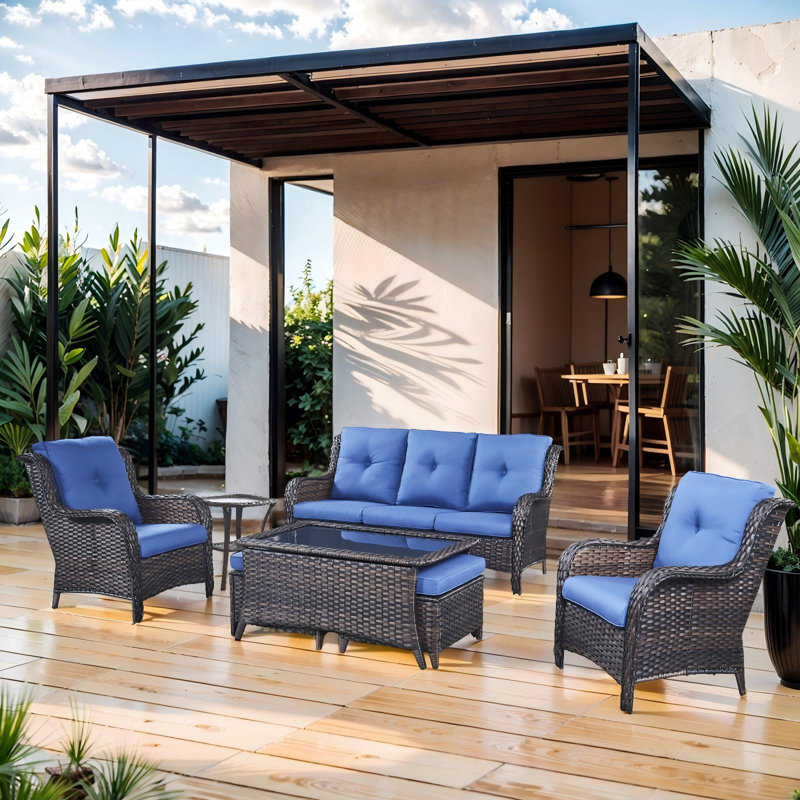 Bonia Wicker 5 - Person Patio Conversation Set with Cushions, Brown, Blue