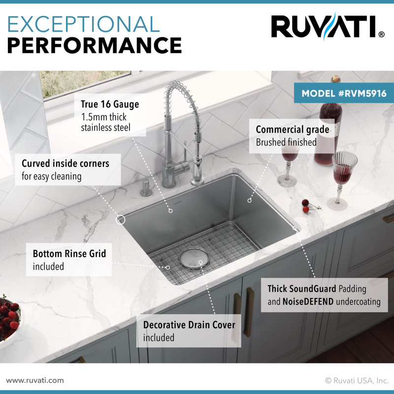 Ruvati Undermount Bar Prep Kitchen Sink 16 Gauge Stainless Steel Single Bowl, 16" L x 18" W