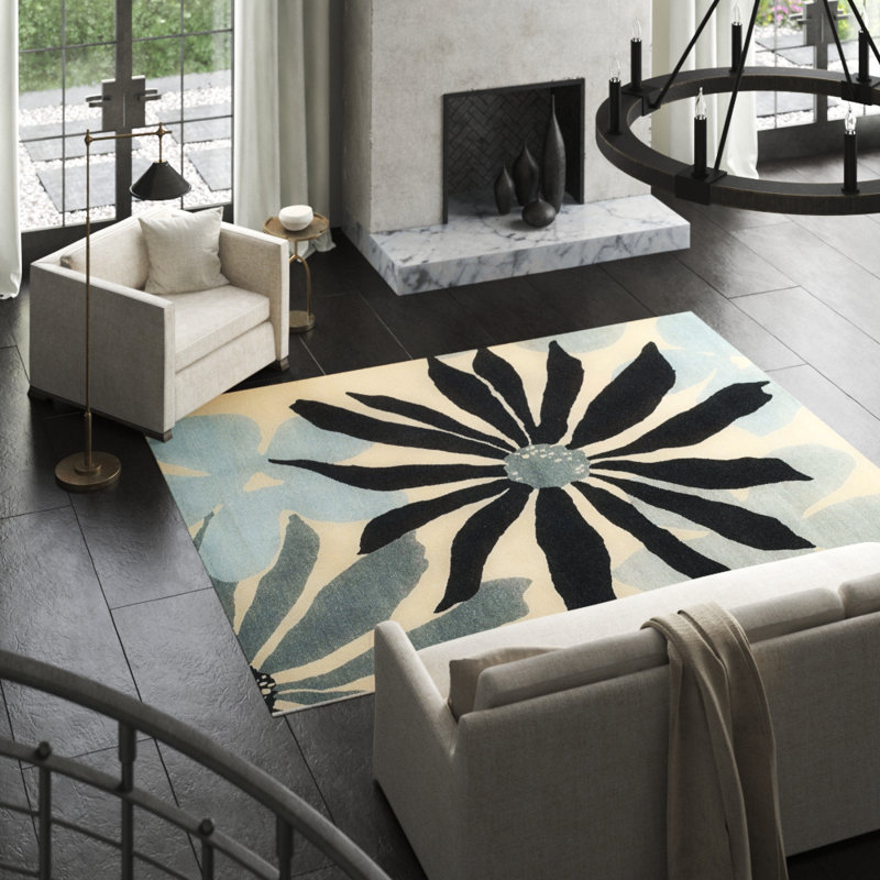 Wool Floral Area Rug in Beige/Blue, Rectangle 10' x 14'