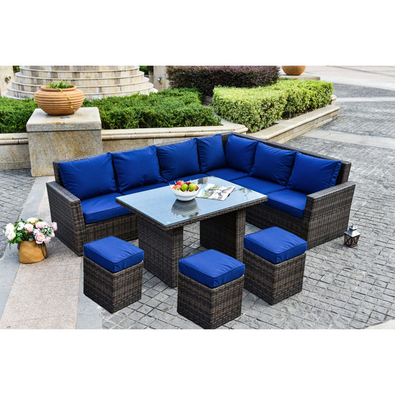 Ensemble de conversation d'extérieur en osier avec coussins 8 pièces, Bleu, Marron