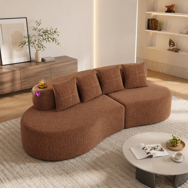 Canapé modulaire incurvé moderne 3 places, Chenille orange, Orange