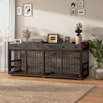 86.6" Large Dog Crate Furniture,chew-proof Metal Frame Wooden Double Dog Kennel Tv Stand Table With Rotatable Dog Feeder Bowls And Drawers For 2 Dogs Indoor,rustic Brown
