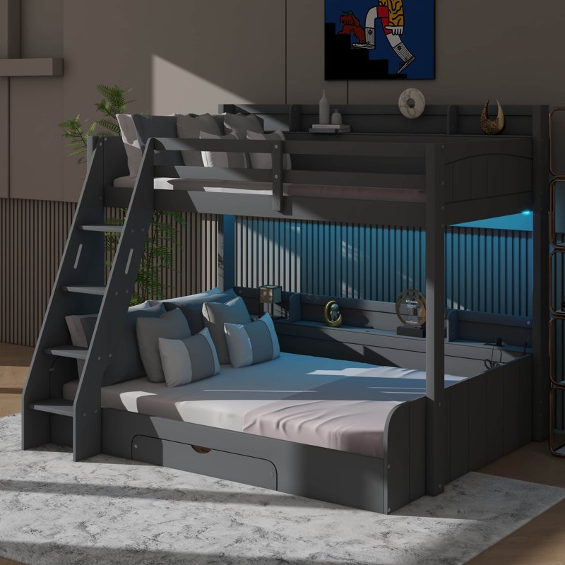 Lit superposé simple et double avec supports de rangement, éclairage à DEL et tiroir coulissant pratique, Gris