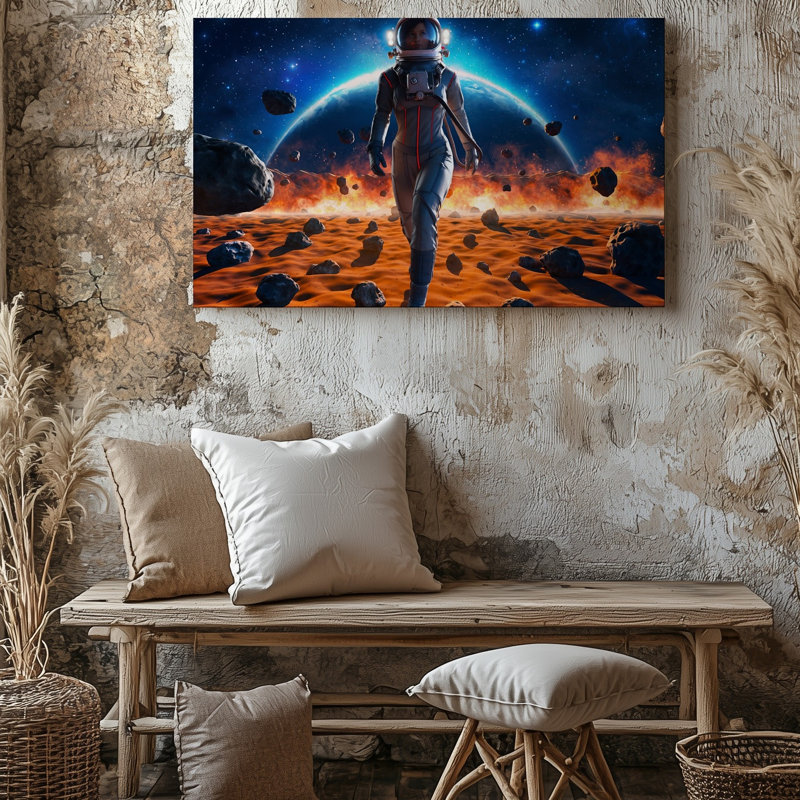 Toile dans un paysage cosmique stylisé éclatant, un astronaute dans un art mural, H 9 po x l 12 po