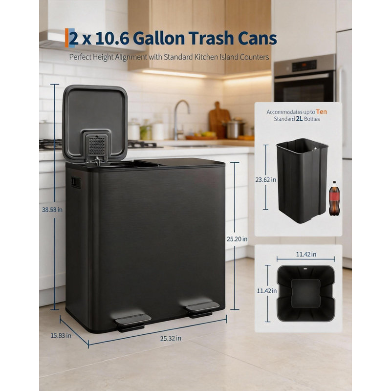 Poubelle, double étape pour les déchets et le recyclage, 10.5 Gallons, Noir mat