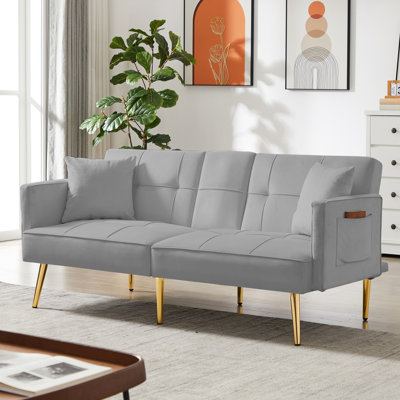 Grey Velvet Futon With Gold Metal Legs - 3 Adjustable Options, Soft Upholstery, Wood Base, Back, 2 Seat Bed, Side Pockets And Cup Holders For Your Convenience Convertible Bed Legs, Angles, Holders,