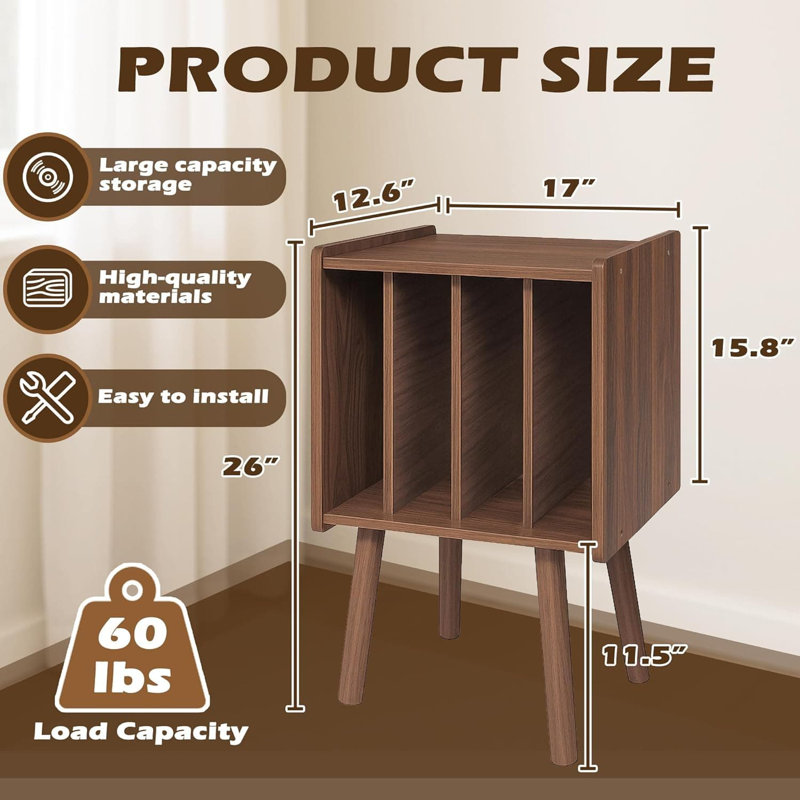 Record Player Stand With Vinyl Storage, Mid Century Modern Turntable Table With 4 Cabinet Compartments, Holds Up To 40 LP Records, Compact Media Organizer For Living Room And Bedroom
