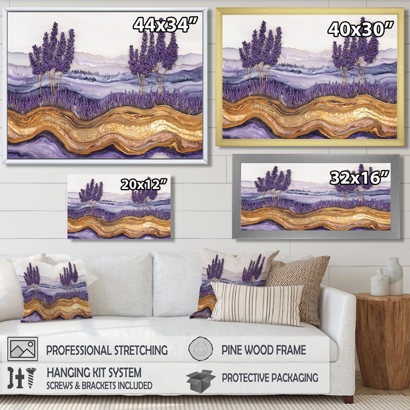Jabier champ de lavande sur la rivière en bois de cristal V - art mural lavande, H 30 po x l 40 po, Or, Floater Framed
