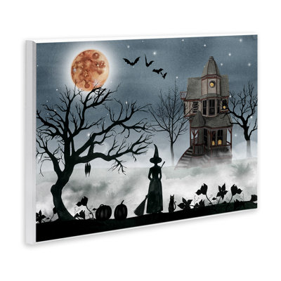 'Halloween Witch Silhouette in Full Moon Haunted House Scene' Graphic Art Print