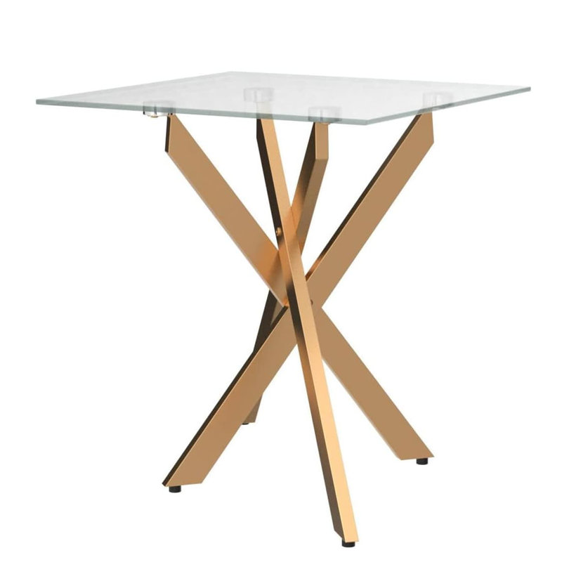Modern Square Side Table - 20”Dx20”Wx22”H (Grey Tempered Glass Top & Black Metal Legs with Gold Rim), Gold