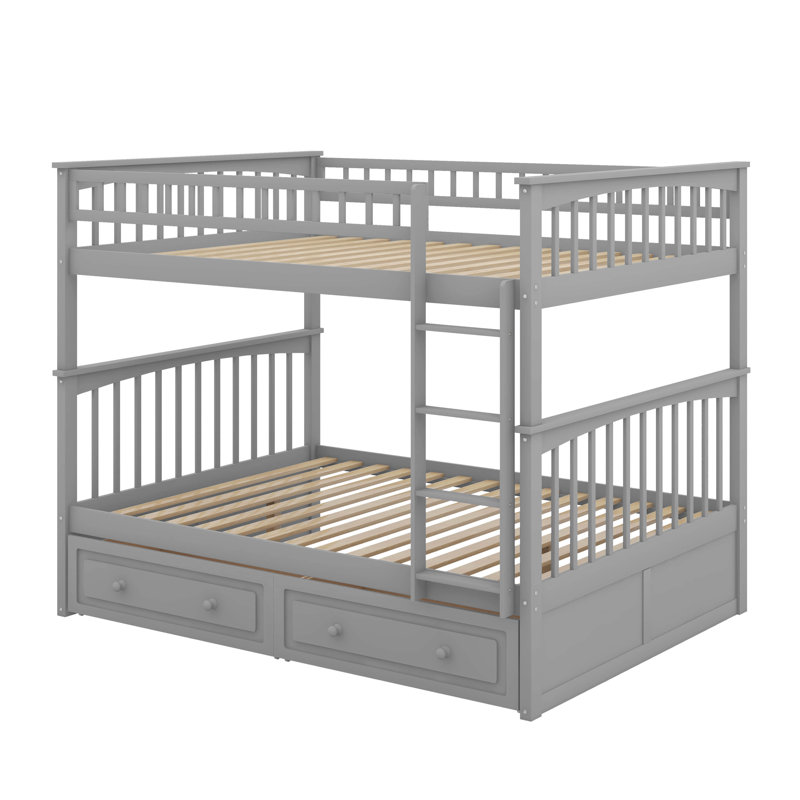Full Over Full Bunk Bed With Drawers, Convertible Beds, Gray