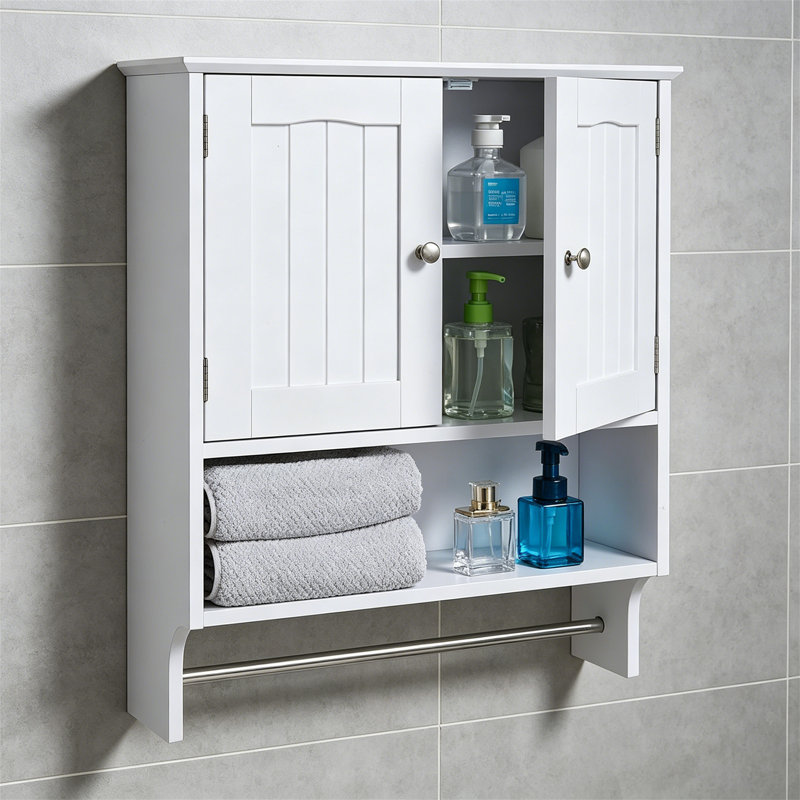 Armoire à pharmacie murale blanche - l 23 po x H 27 po avec barre à serviettes et cloison ouverte pour la lessive