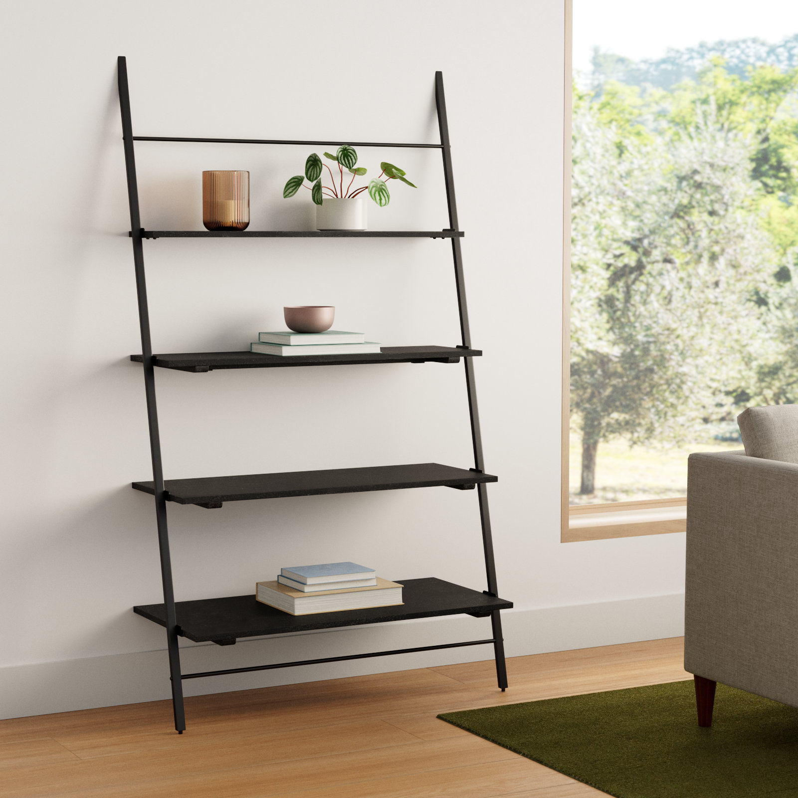 Innes Narrow Ladder Bookcase, (4 Shelves) 74" H x 42" W x 18" D, Black