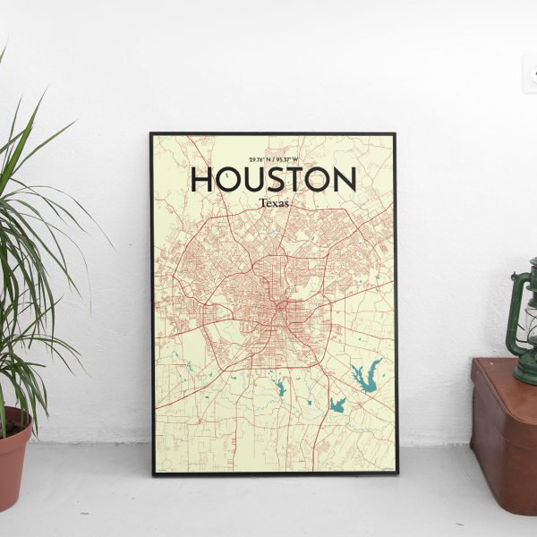 « houston city map », reproduction d’impression sur affiche en tricolore, H 17 po x l 11 po