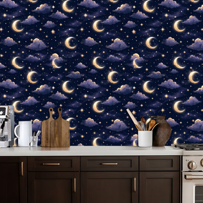 Peel and Stick Wallpaper Seamless Night Sky Crescent Moons Stars Clouds Dark Blue Contact Paper Removable Self Adhesive Wall Mural Wall Decor for Bedroom Kitchen Cabinets 17.7in x 118in