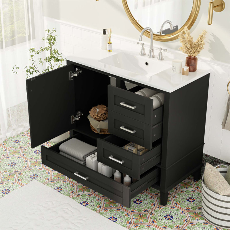 Meuble-lavabo moderne de 36 pouces avec cadre en pin massif, porte à fermeture en douceur et 3 tiroirs pour un rangement élégant