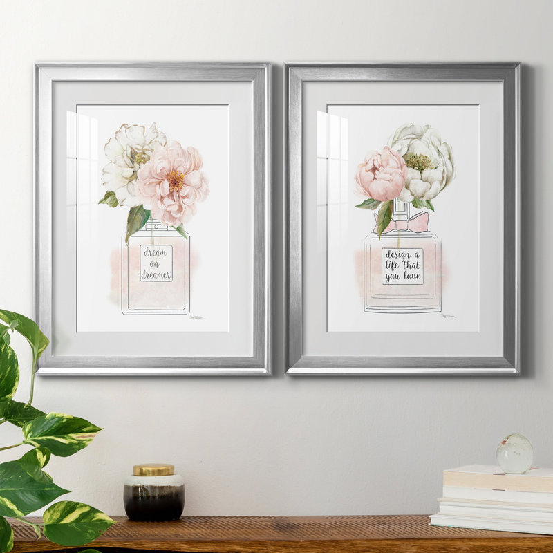 Floral Fragrance I - Ensemble de 2 reproductions d'art, Blanc, Papier avec cadre argenté, H 22,5 po x l 61 po x P 1,5 po