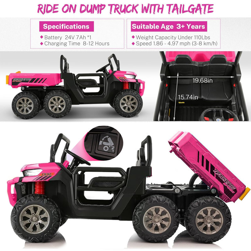 Pink 24V Kids Ride-On Truck with Remote Control and Electric Dump Bed