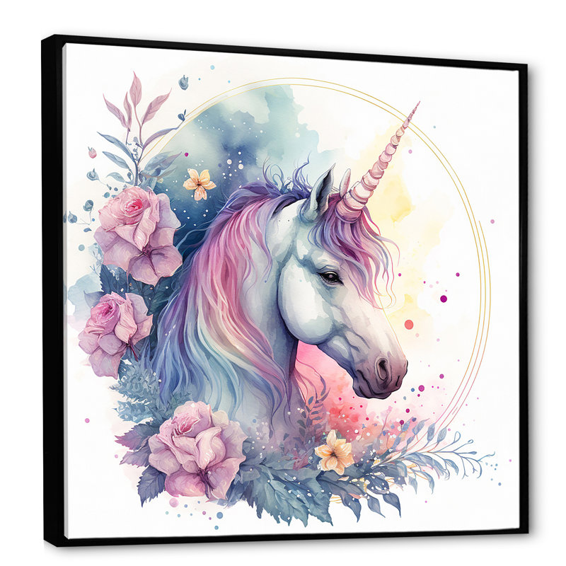 Adorable licorne pastel entourée de fleurs III - cheval, art mural, H 16 po x l 16 po x P 1 po
