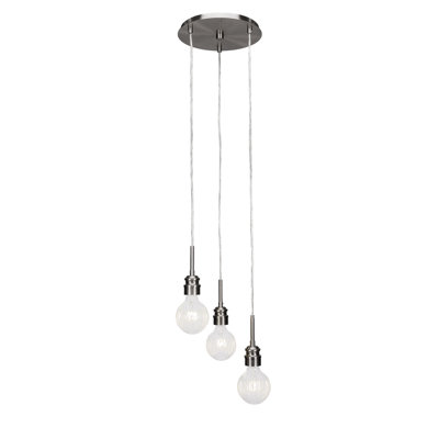 Edge 3 Light Cluster Pendalier Shown In Brushed Nickel Finish With 4 Watt LED Bulbs