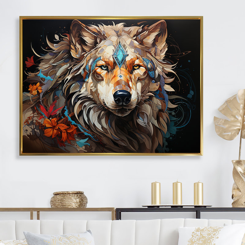 " Native Spirited Lakota Wolf ", Gold Floater Framed, 24" H x 32" W x 1" D
