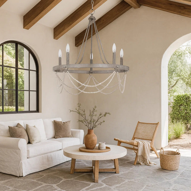 Lustre Lony de 26 po avec candélabre perlé blanc, métal