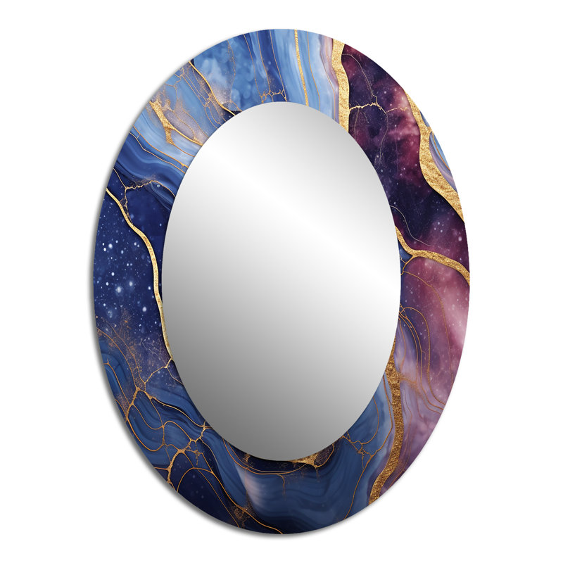 Essence de marbre abstraite bleue et dorée I - miroir mural ovale moderne bleu, 40 po x 30 po