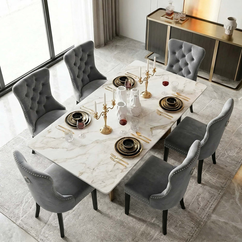 Ensemble de chaises de salle à manger 6 pièces en velours, avec anneau et garniture cloutée, pour cuisine et salle à manger, gris