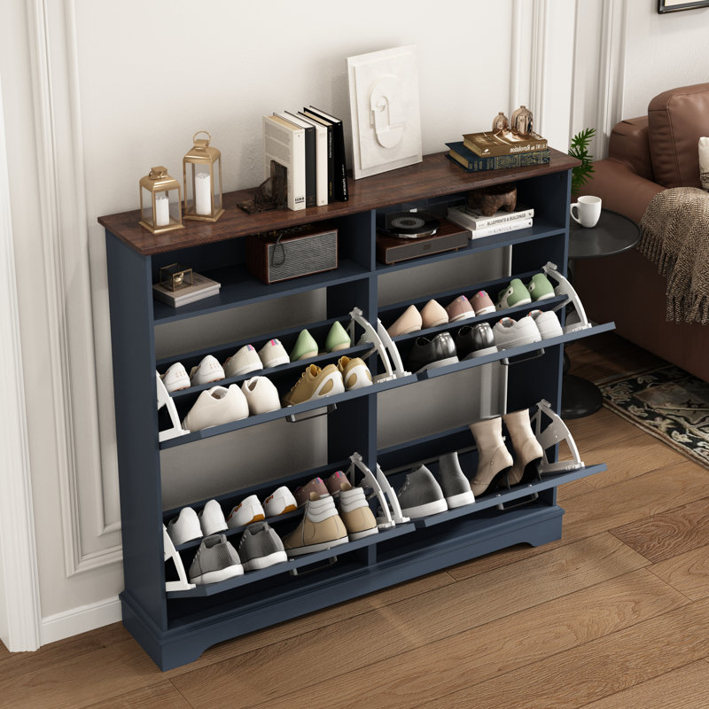Armoire de rangement pour chaussures 24 paires avec 4 tiroirs rabattables, Marine / Brun
