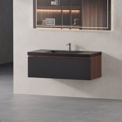 Meuble-lavabo flottant 42 po avec lavabo, meuble de rangement mural moderne à rayures, cuve à sable en quartz noir, tiroir à fermeture en douceur