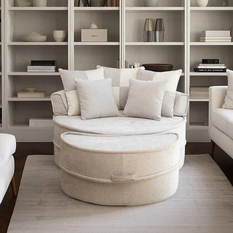 Fauteuil demi-tonneau surdimensionné avec 5 coussins et repose-pieds, Gris chenille