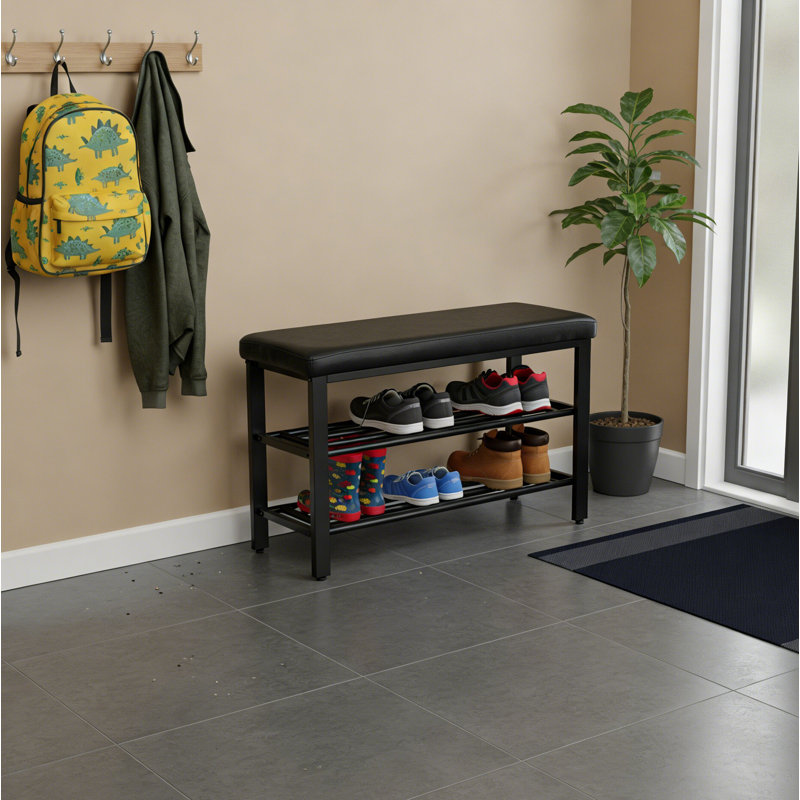Petit banc à chaussures de style moderne, étagère à chaussures à 3 niveaux, avec coussin de siège en polyuréthane et tablettes en maille métallique