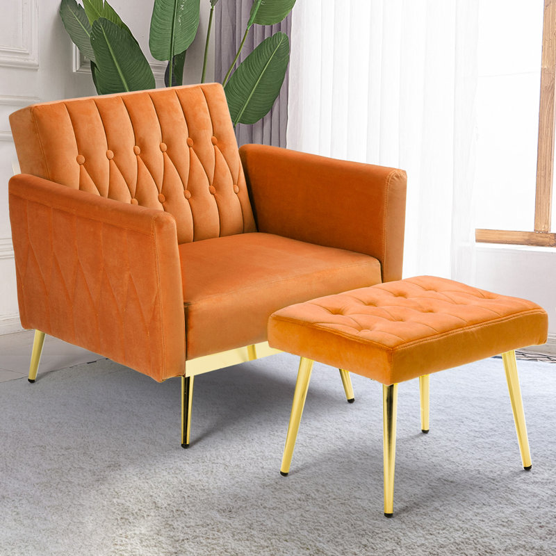 Siemon Velvet Accent Chair with Ottoman, Orange Velvet