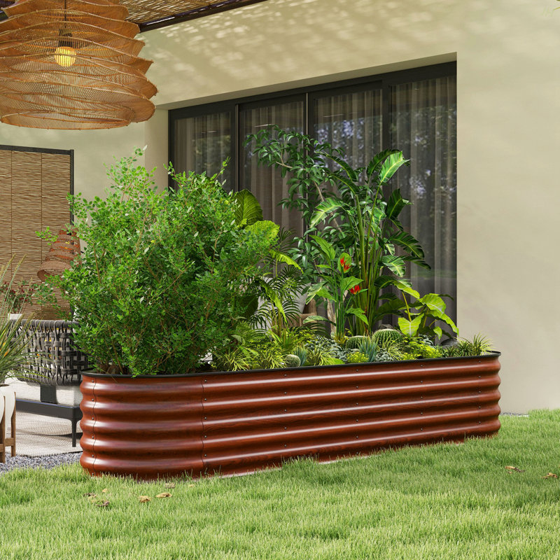 Outsunny 8' X 2' X 1.4' Galvanized Raised Garden Bed Kit, Outdoor Metal Elevated Planter Box With Safety Edging, Easy DIY Stock Tank For Growing Flowers, Herbs & Vegetables, Brown