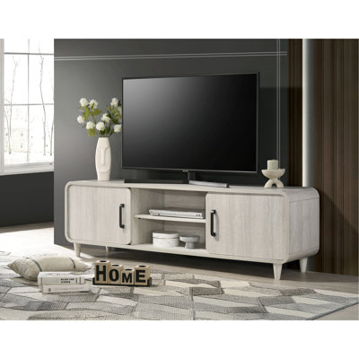 1Pc TV Stand Contemporary Light Wood Finish Sliding Doors Black Handles Tapered Legs Mid-Century Wooden Living Room Furniture