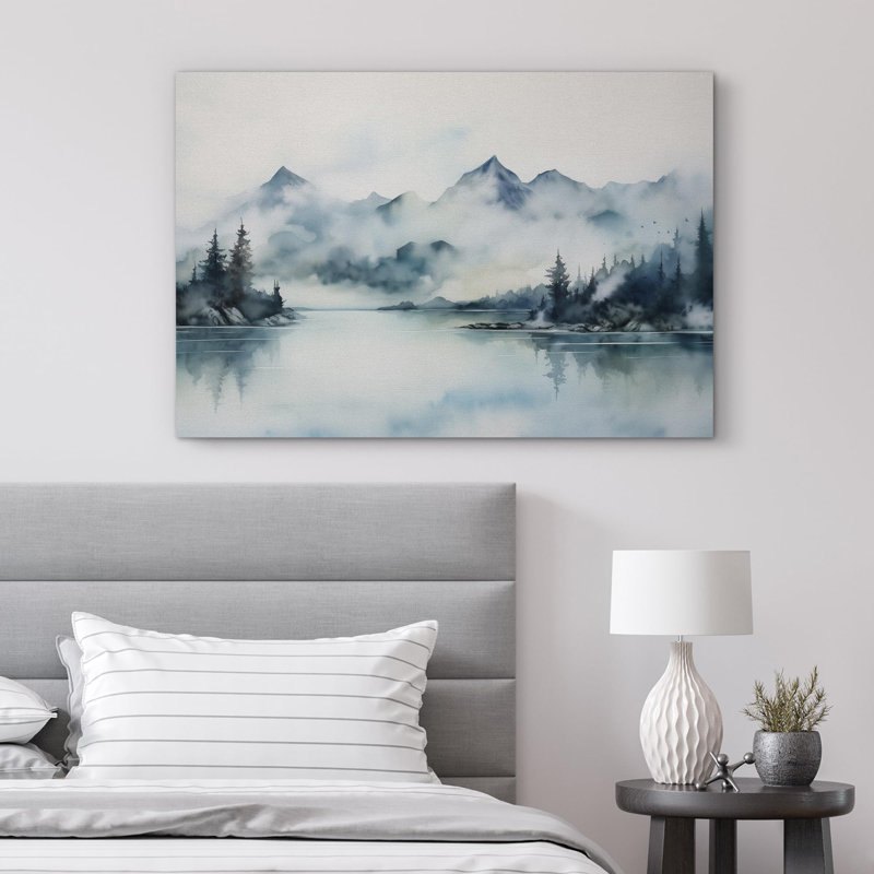 Paysage de forêt Woodland «Misty Peaks and Calm Lake» sur, Toile tendue, H 24 po x l 36 po