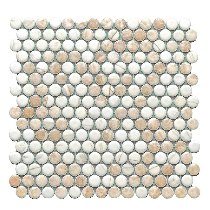 Eterna Penny 12"x12" Recycled Glass Mosaic Tile, Cream Blend